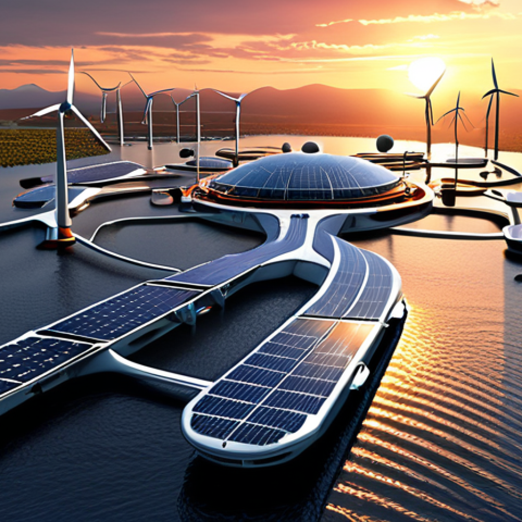 **A futuristic floating city at sunset, showcasing solar panels and wind turbines generating renewable energy, with a focus on sustainable architecture and clean energy integration.**