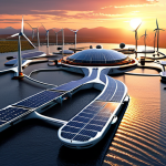 **A futuristic floating city at sunset, showcasing solar panels and wind turbines generating renewable energy, with a focus on sustainable architecture and clean energy integration.**