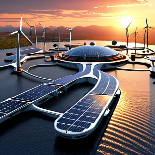 Home 15 **A futuristic floating city at sunset, showcasing solar panels and wind turbines generating renewable energy, with a focus on sustainable architecture and clean energy integration.**