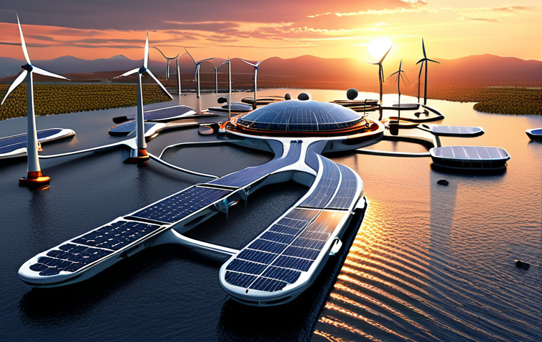 **A futuristic floating city at sunset, showcasing solar panels and wind turbines generating renewable energy, with a focus on sustainable architecture and clean energy integration.**