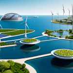 A visionary, sustainable floating city composed of interconnected modular platforms, gracefully resting on calm, clear ocean waters under a bright, optimistic sky. The city integrates lush community gardens, advanced solar panels, and sleek wind turbines for energy. Modern, eco-friendly architecture with visible water filtration systems and a harmonious blend of concrete and glass. A few fully clothed individuals are visible in the distance, engaged in daily activities. This image embodies professional photography, high quality, perfect anatomy, correct proportions, natural body proportions, safe for work, appropriate content, modest clothing, and a family-friendly aesthetic.