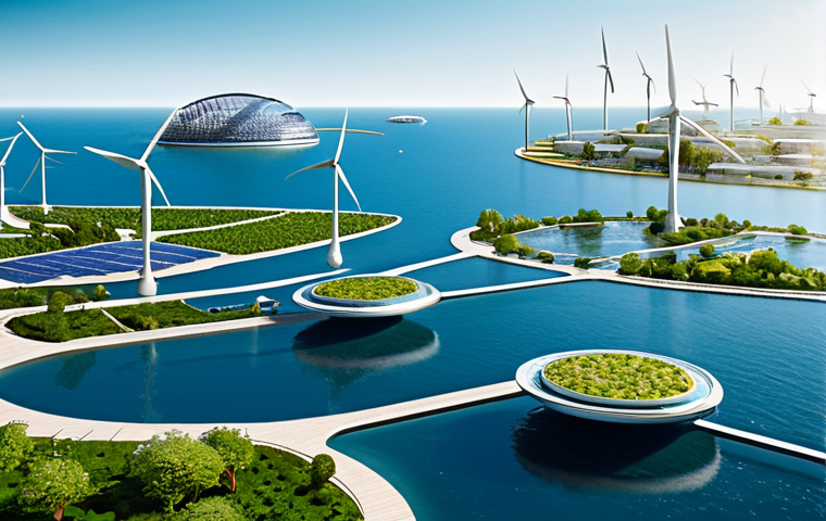 A visionary, sustainable floating city composed of interconnected modular platforms, gracefully resting on calm, clear ocean waters under a bright, optimistic sky. The city integrates lush community gardens, advanced solar panels, and sleek wind turbines for energy. Modern, eco-friendly architecture with visible water filtration systems and a harmonious blend of concrete and glass. A few fully clothed individuals are visible in the distance, engaged in daily activities. This image embodies professional photography, high quality, perfect anatomy, correct proportions, natural body proportions, safe for work, appropriate content, modest clothing, and a family-friendly aesthetic.